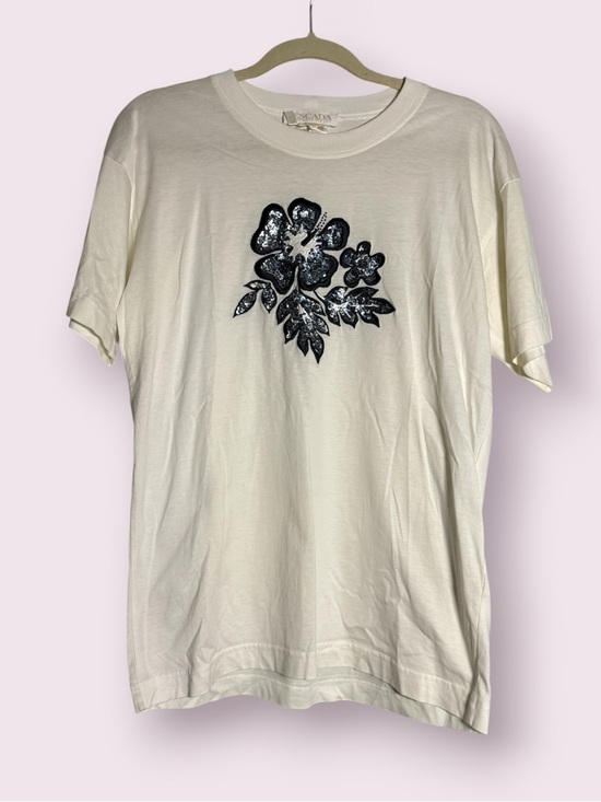 Escada Tops - Escada White and Navy Blue Hibiscus Sequin Beaded Graphic Cotton Shirt Size 34